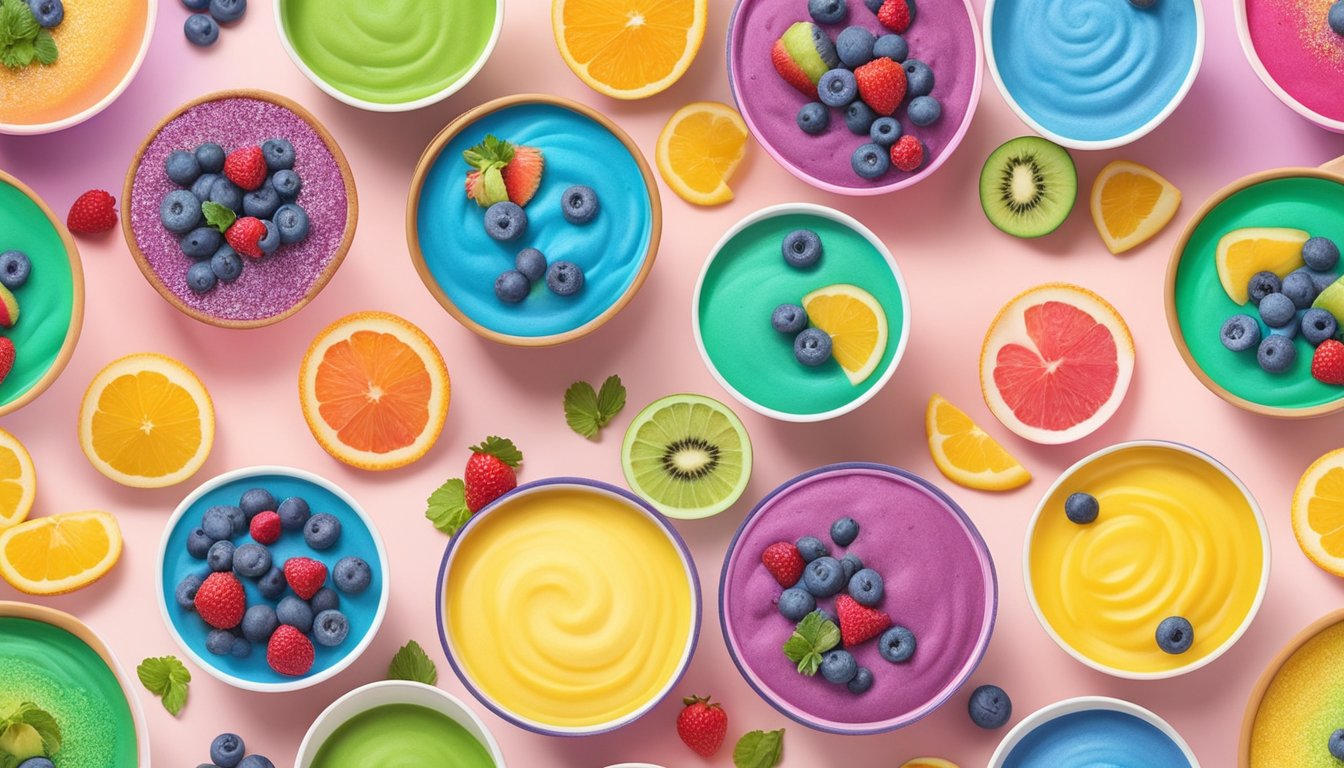 A vibrant array of rainbow smoothie bowls arranged in a circle, each one a different color of the rainbow, surrounded by decorative elements for a gender reveal party