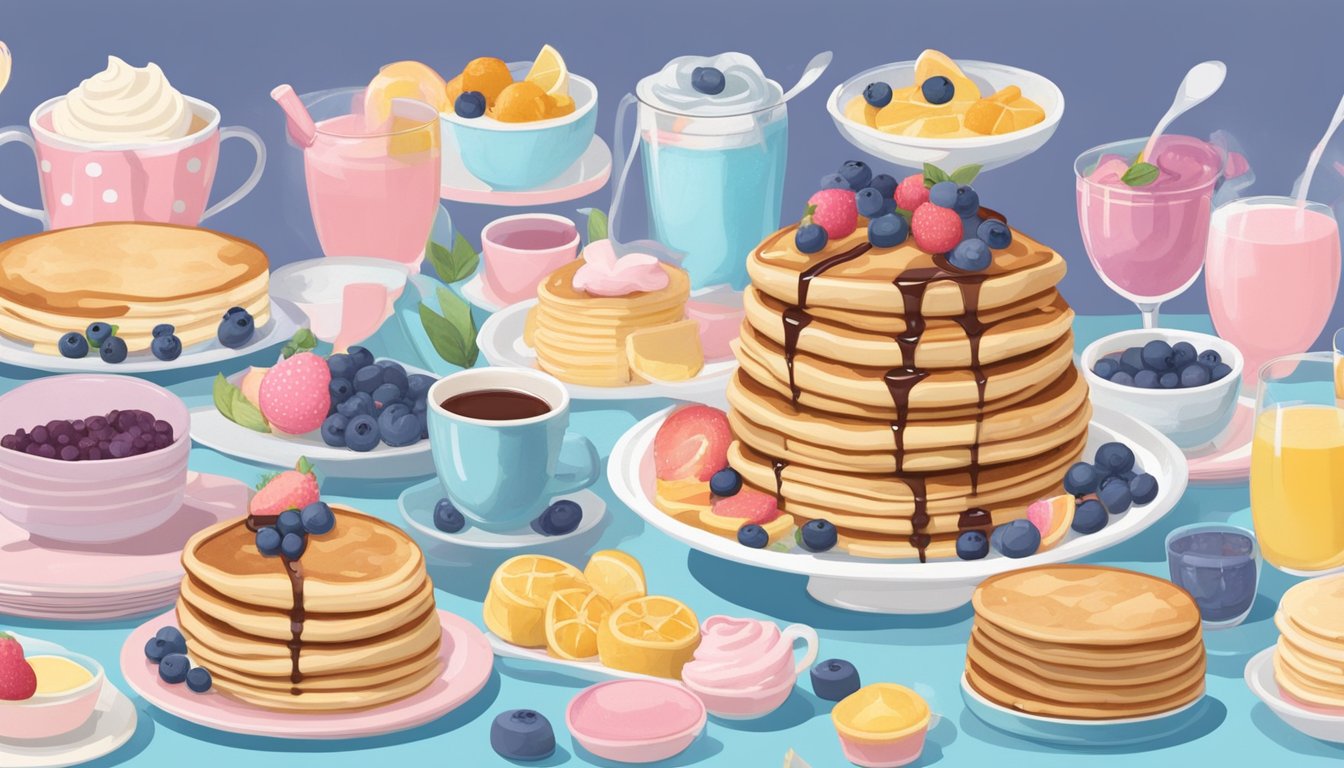 A table set with a stack of fluffy blueberry buttermilk pancakes surrounded by 15 different breakfast dishes, all in pastel colors and decorated with gender reveal party-themed accents