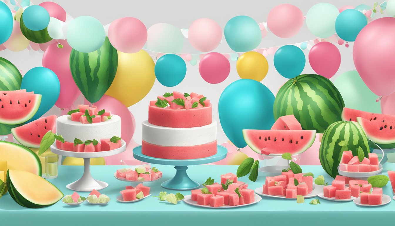 A table spread with watermelon feta bites, surrounded by colorful decorations for a gender reveal party