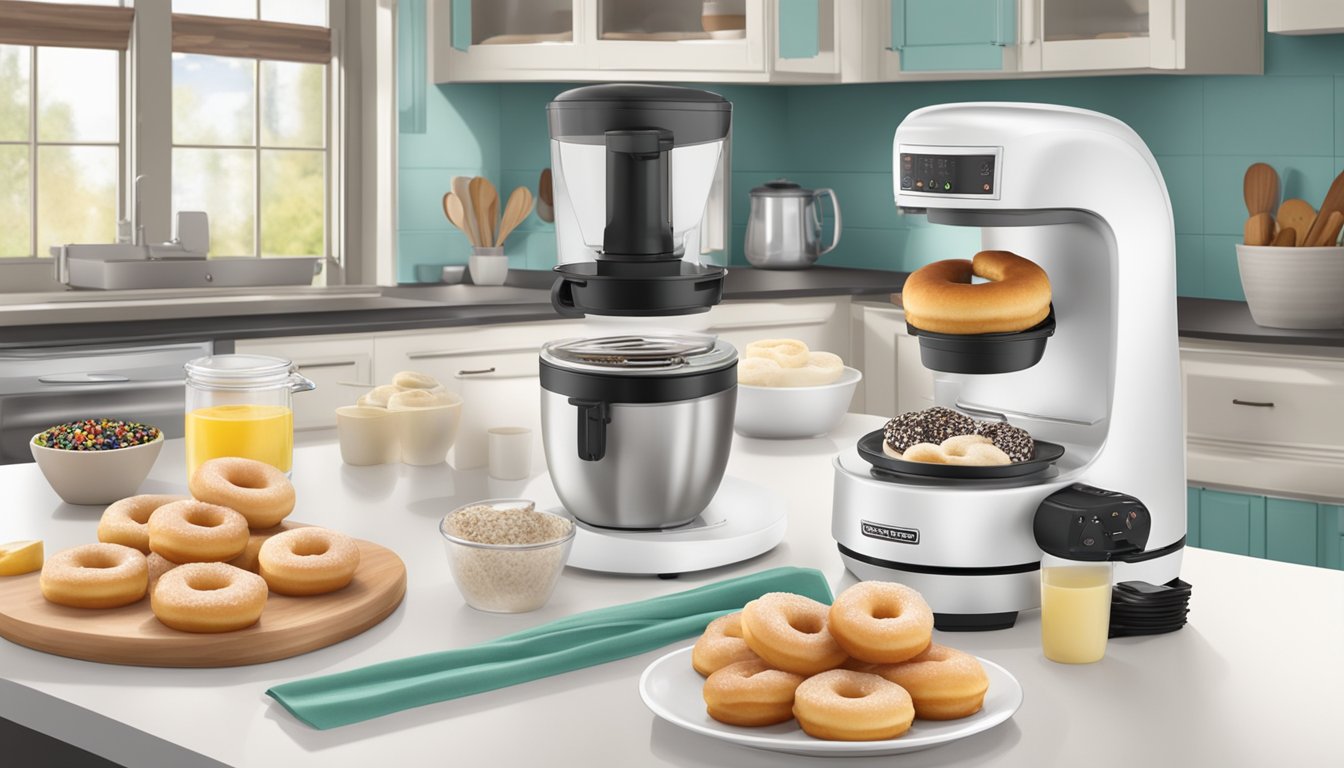 A kitchen counter with a Brentwood mini donut maker surrounded by ingredients for vanilla bean mini donuts