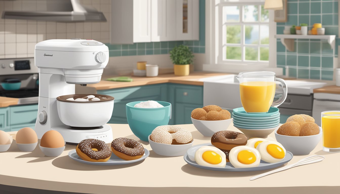 A countertop with a Brentwood mini donut maker surrounded by ingredients like flour, sugar, and eggs. A stack of recipe cards for breakfast dishes sits nearby