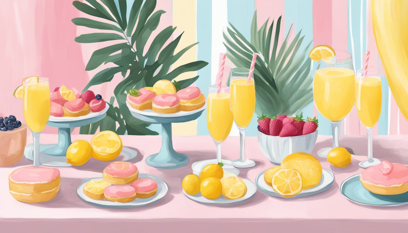 A table set with pink lemonade mimosas, pastries, and fruit for a gender reveal party brunch