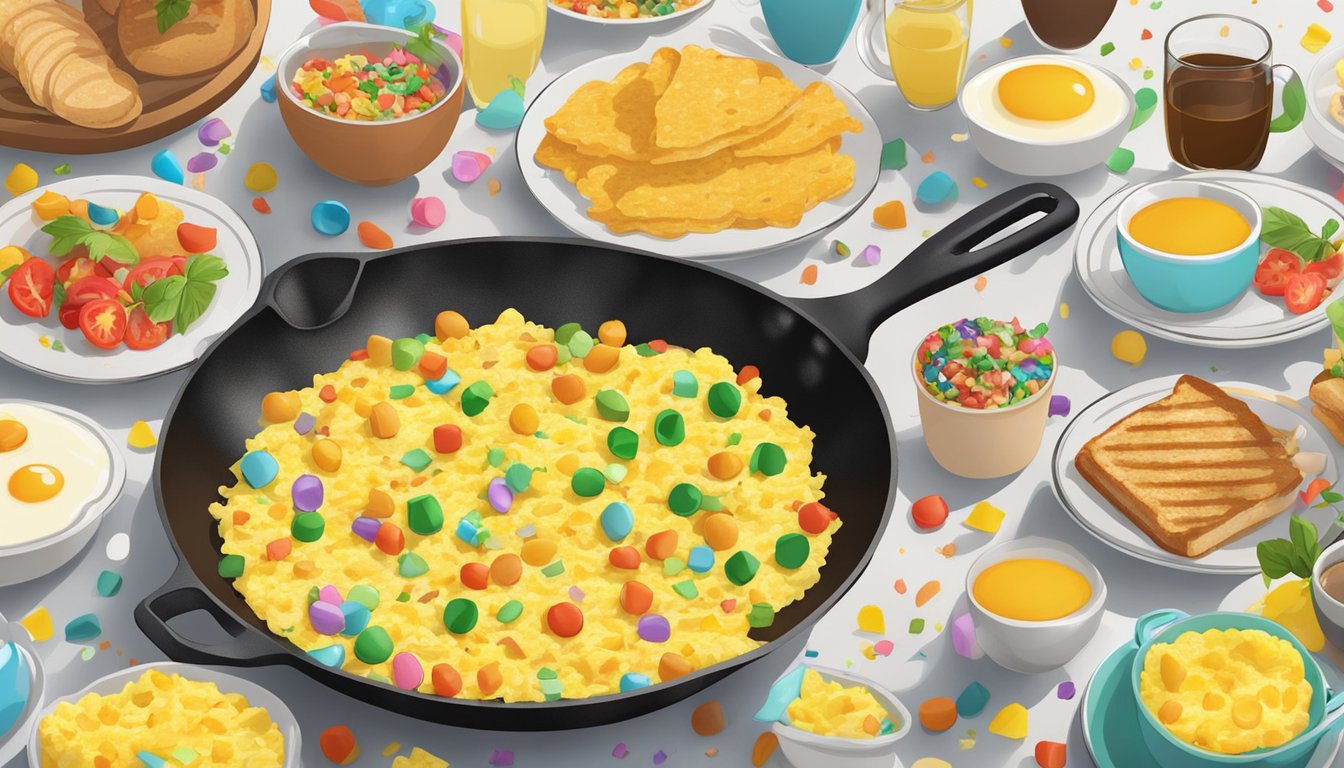 Colorful confetti mixed into scrambled eggs in a festive skillet surrounded by other breakfast dishes and party decorations