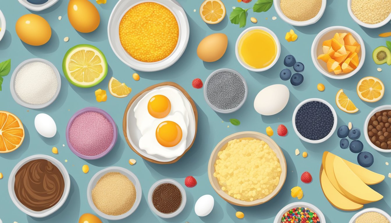 A table with a variety of ingredients such as eggs, flour, fruits, and colorful sprinkles, arranged neatly for breakfast recipes