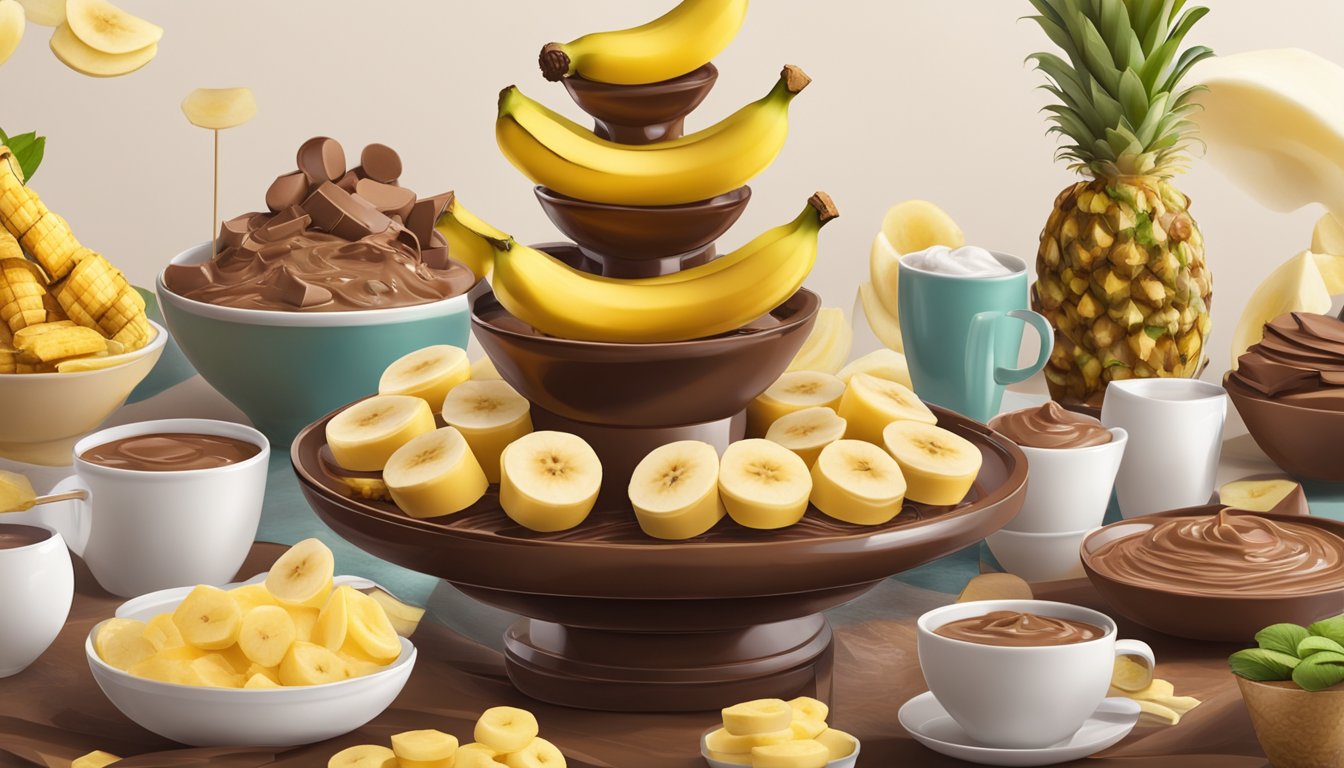 Banana slices on skewers dip into a flowing chocolate fountain, surrounded by breakfast ingredients