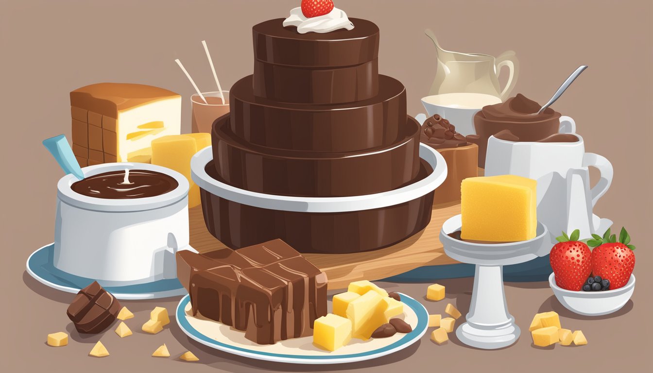 Pound cake cubes arranged around a bubbling chocolate fondue fountain, with various breakfast ingredients nearby for dipping