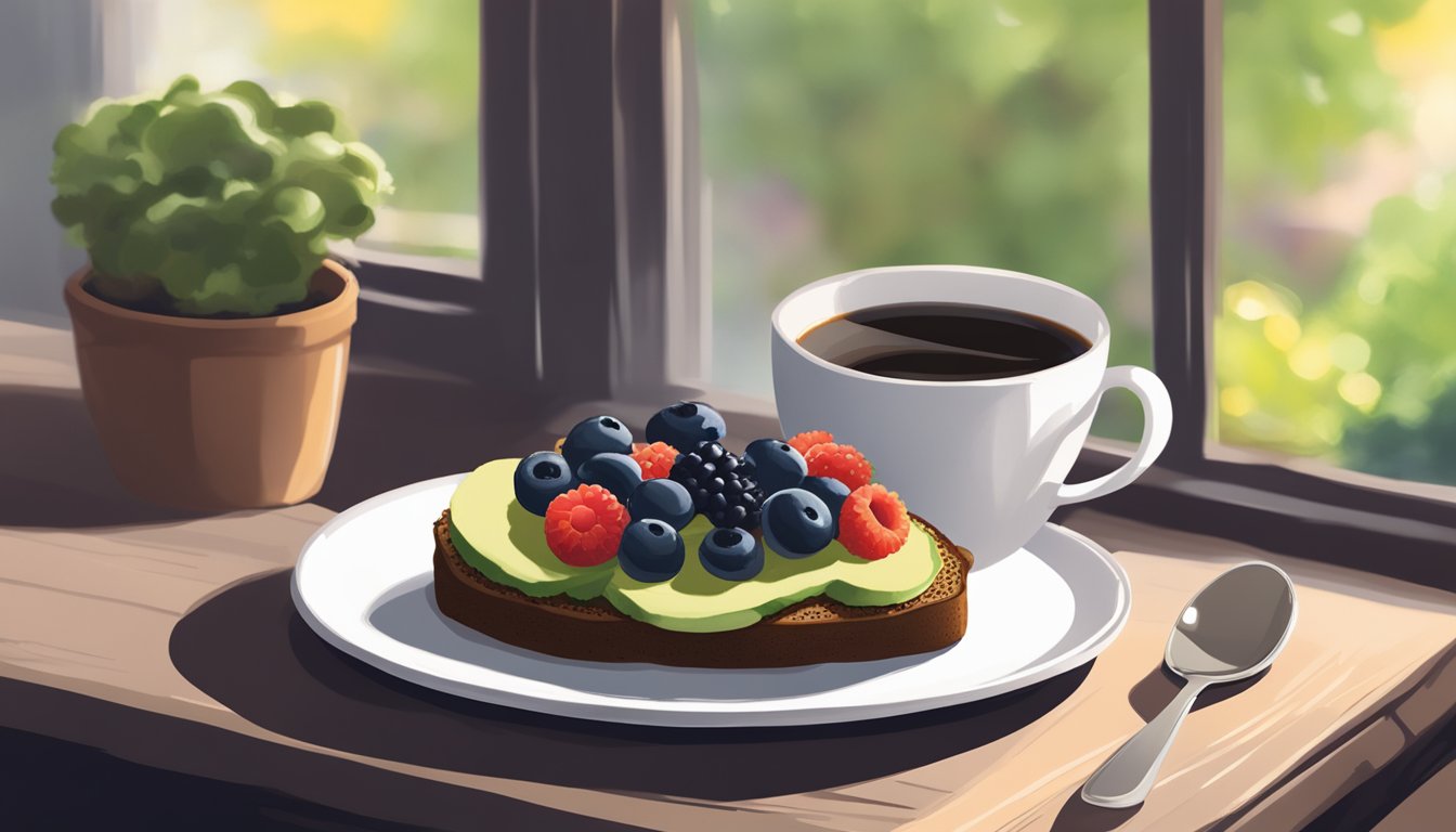 Avocado toast on pumpernickel with a side of fresh berries and a steaming cup of coffee, set on a rustic wooden table with a soft morning light streaming in through a nearby window