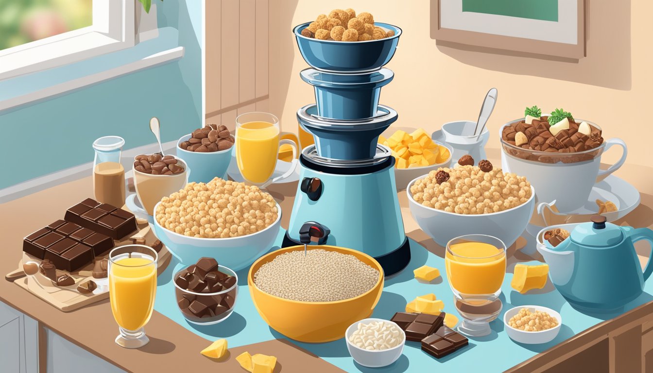 A breakfast table with Rice Krispies Treats arranged around a nostalgia electric chocolate fondue fountain, surrounded by various breakfast ingredients and utensils