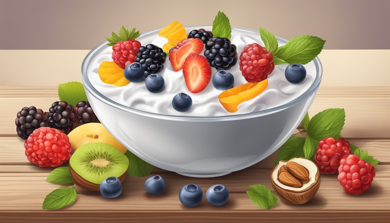 A bowl of Greek yogurt topped with walnuts and berries, surrounded by a variety of colorful fruits and a glass of water on a wooden table