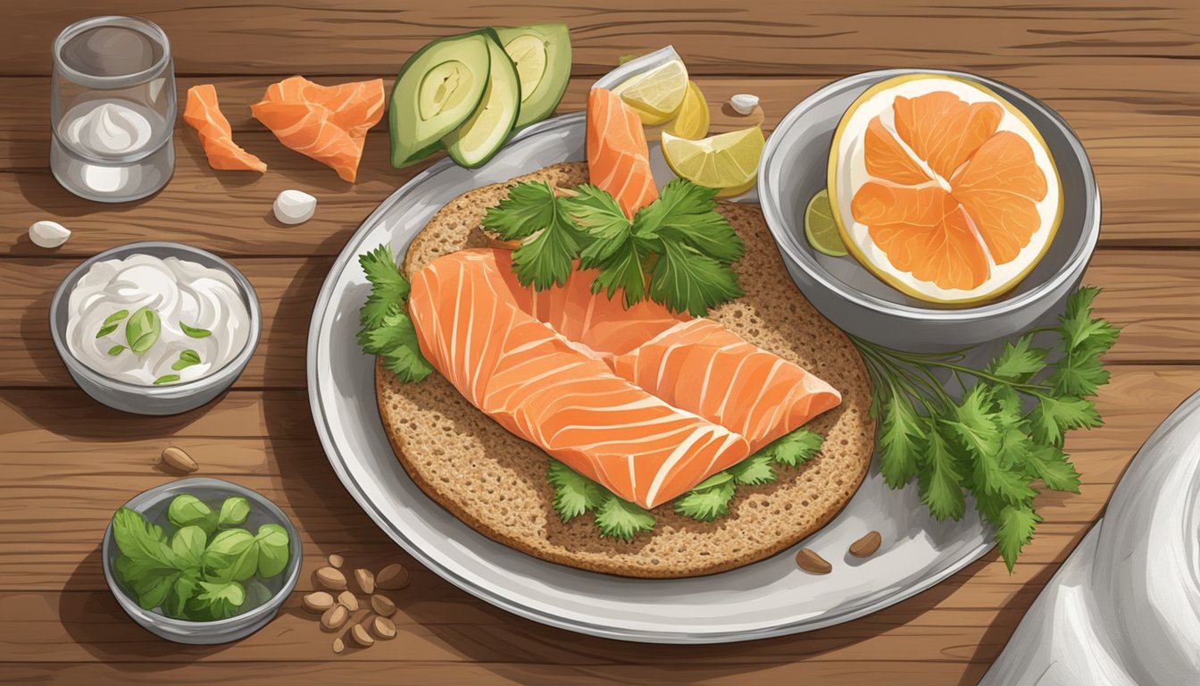 A plate with smoked salmon on rye crispbread surrounded by fresh ingredients on a wooden table