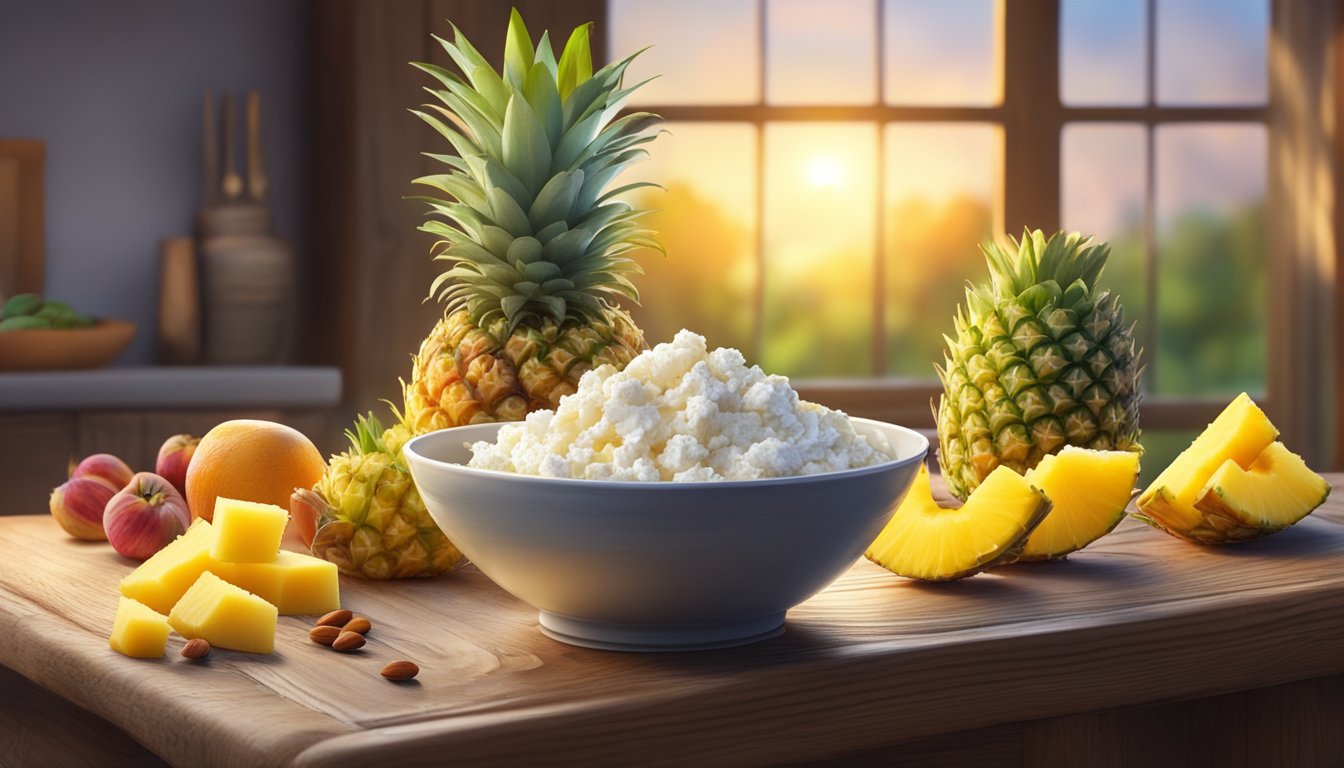 A bowl of cottage cheese topped with fresh pineapple, surrounded by a spread of colorful fruits and nuts on a rustic wooden table. Sunrise streams through a window, casting warm light on the scene