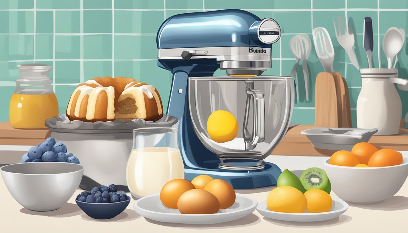 A kitchen counter with a Dash Mini Bundt Cake Maker surrounded by ingredients such as eggs, flour, and fruit for breakfast recipes