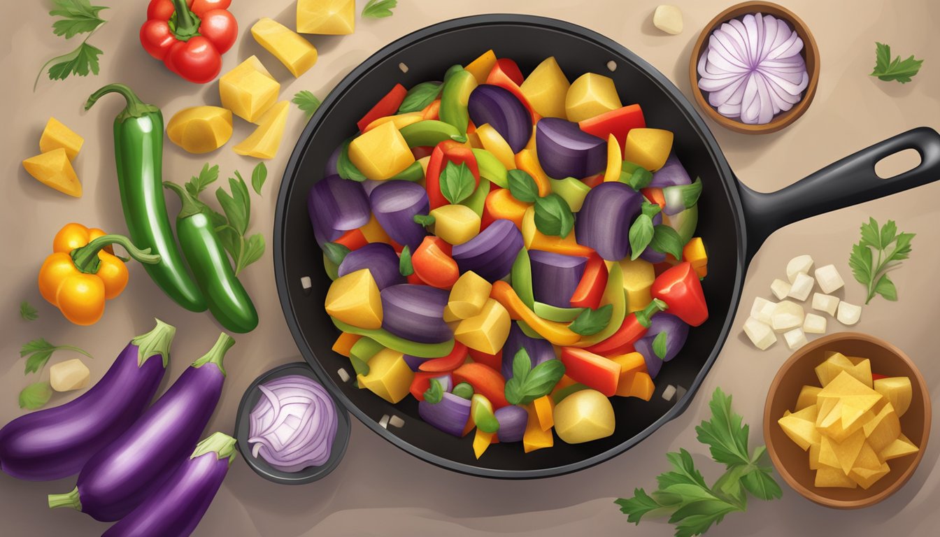 A colorful array of diced eggplant, bell peppers, onions, and potatoes sizzling in a skillet, emitting a mouthwatering aroma