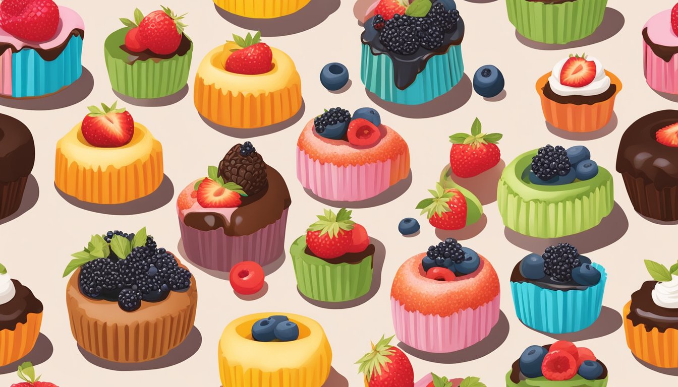 A colorful array of mini bundt cakes, each with a unique breakfast twist, surrounded by fresh fruits and aromatic coffee