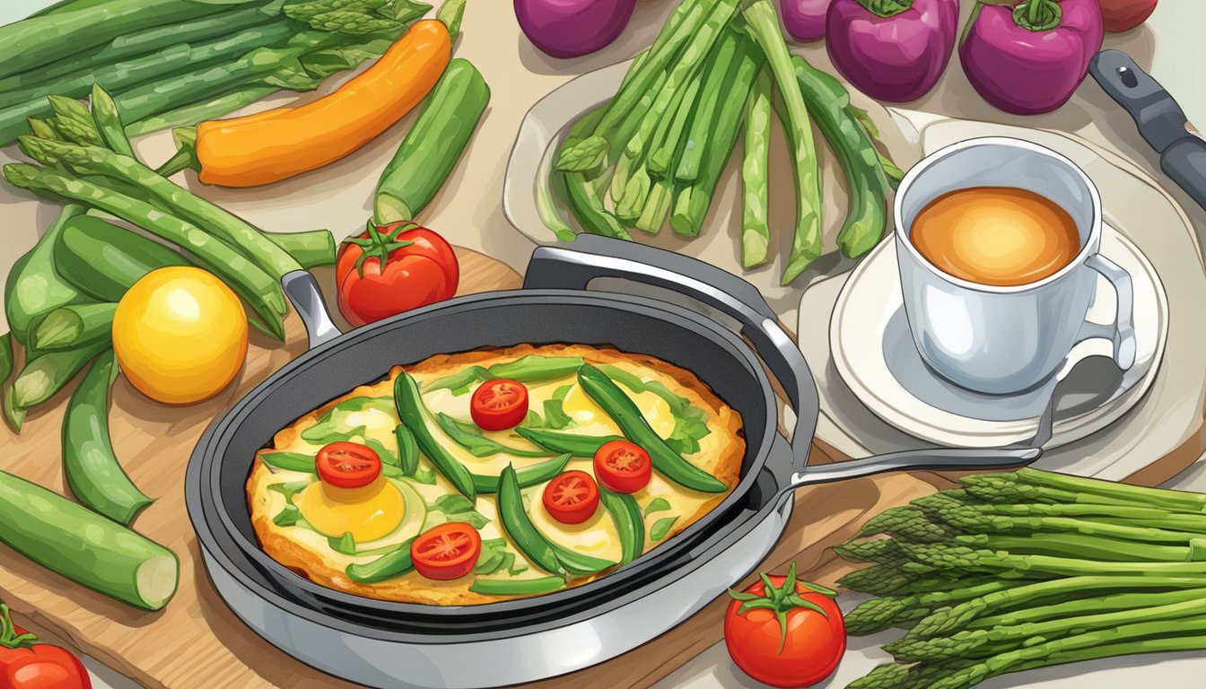 A colorful vegetable frittata sizzling in a skillet, with vibrant green asparagus, bell peppers, and tomatoes. A breakfast table set with fresh fruit and a steaming cup of coffee