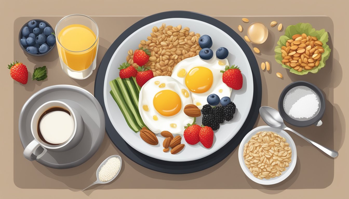 A table set with a variety of low glycemic breakfast foods, including oats, berries, nuts, eggs, and vegetables, with a glass of water and a cup of black coffee