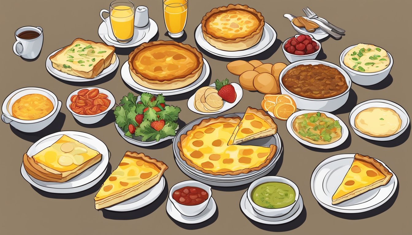 A table set with a colorful array of 15 breakfast dishes, including a golden-brown Quiche Lorraine with melted Gruyere cheese, ready for a housewarming brunch