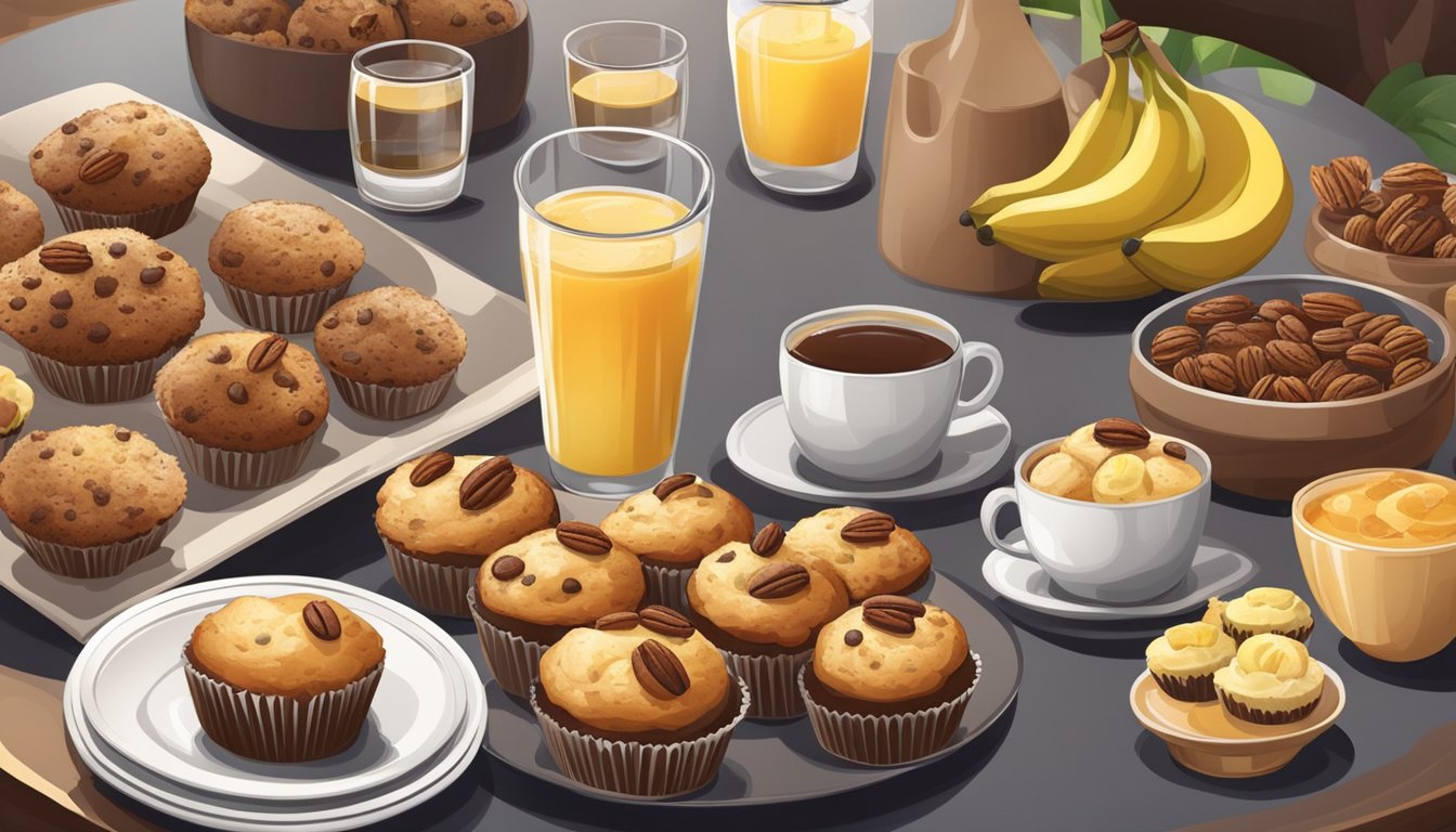 A table set with a variety of mini muffins, including banana pecan, surrounded by brunch dishes and drinks