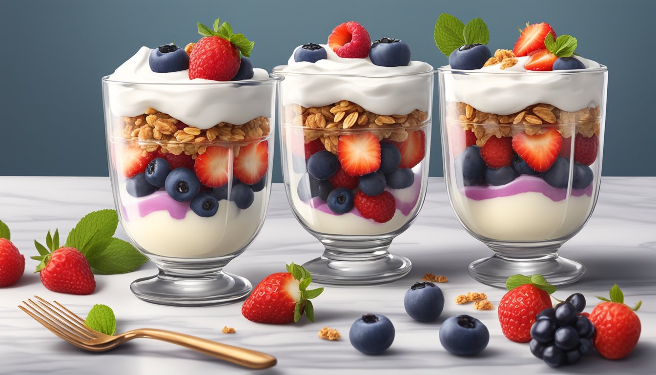 A glass parfait dish filled with layers of Greek yogurt and fresh berries, topped with a sprinkle of granola and a drizzle of honey