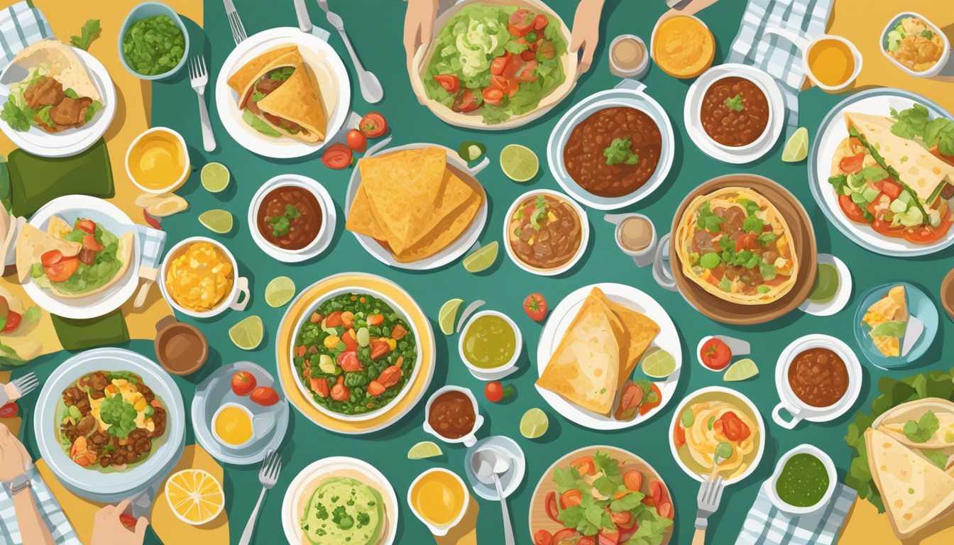 A table set with colorful breakfast burritos, salsa verde, and various brunch dishes, surrounded by friends and family in a cozy, welcoming home