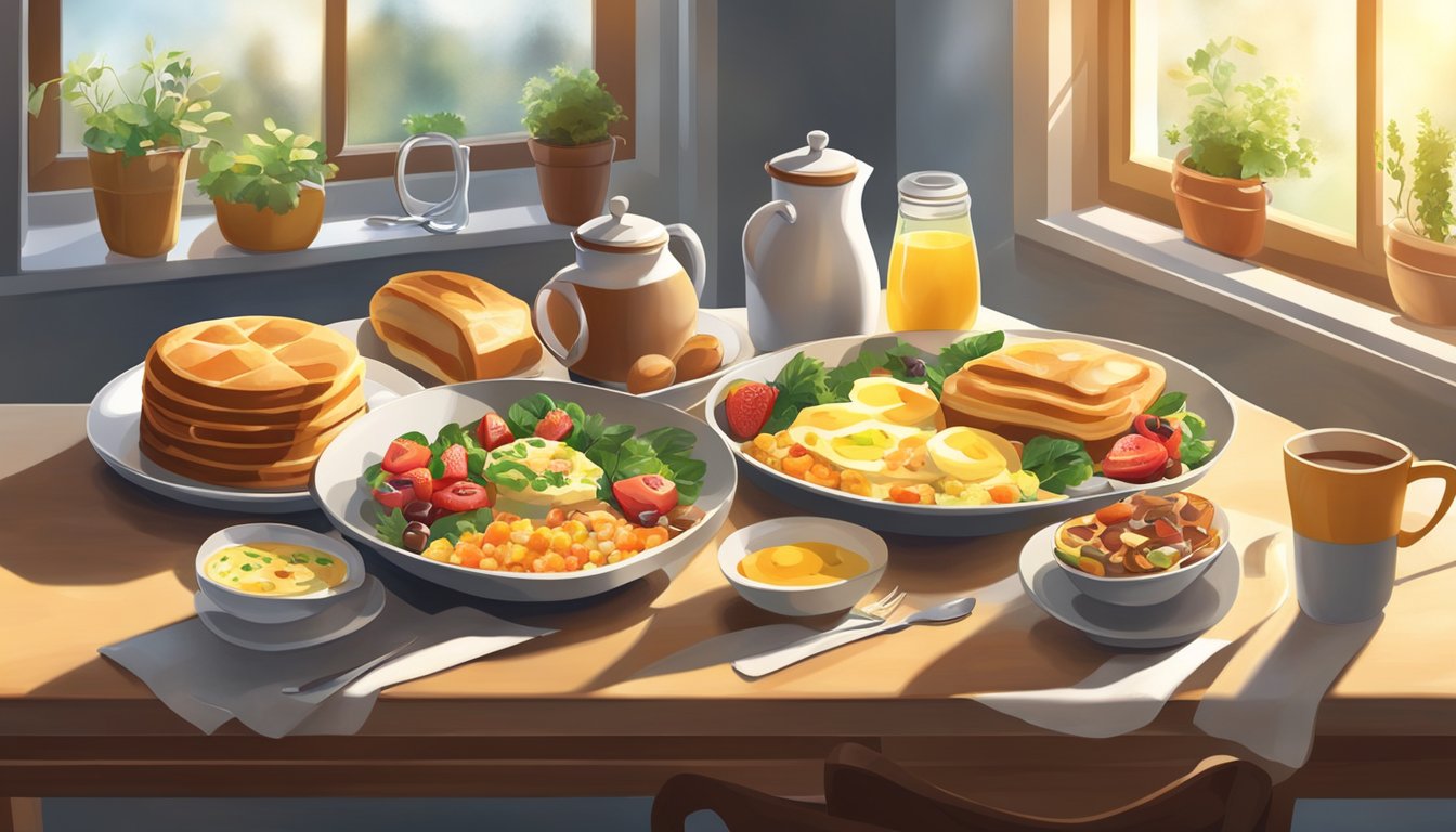 A cozy kitchen table set with an array of delicious breakfast dishes, surrounded by warm sunlight filtering through the window