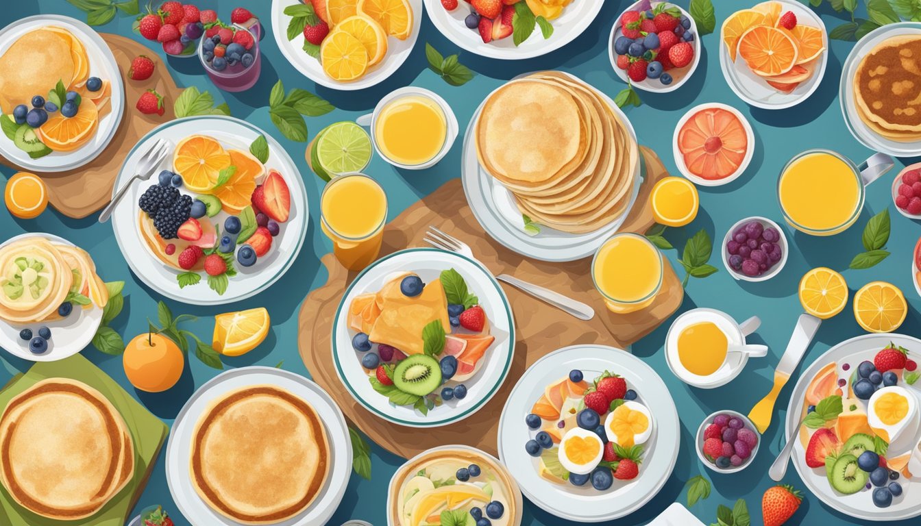 A table set with a variety of breakfast dishes, from pancakes to fruit salad, surrounded by colorful flowers and fresh juice