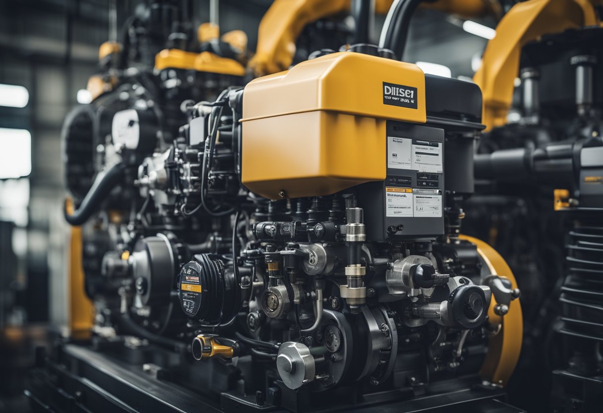 Un motore diesel con e senza un'unità di controllo aggiuntiva, circondato da attrezzature tecniche e strumenti