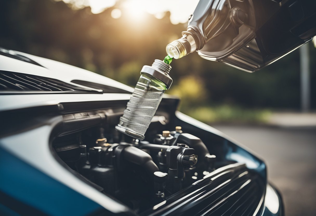 Un motore di auto con un sistema di scarico visibile, incluso un filtro FAP, e una bottiglia di additivo per la pulizia versata nel serbatoio del carburante