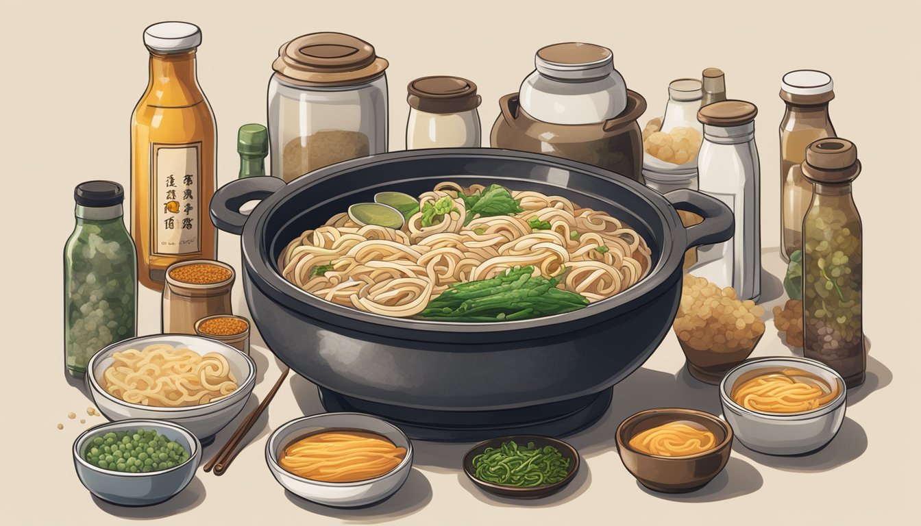 A steaming pot of udon noodles surrounded by various bottles of sauces and seasonings on a kitchen counter