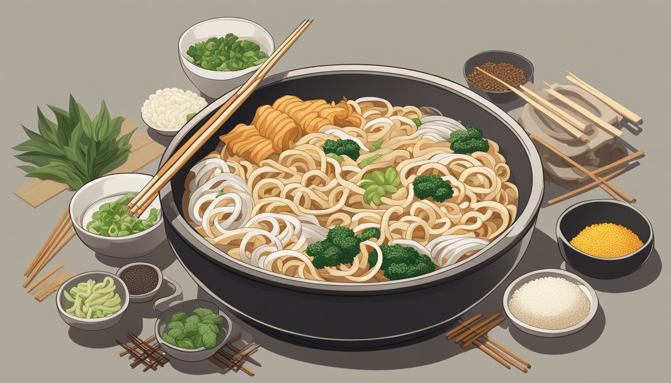 A steaming pot of udon noodles surrounded by various ingredients and seasonings, with a pair of chopsticks resting on the side