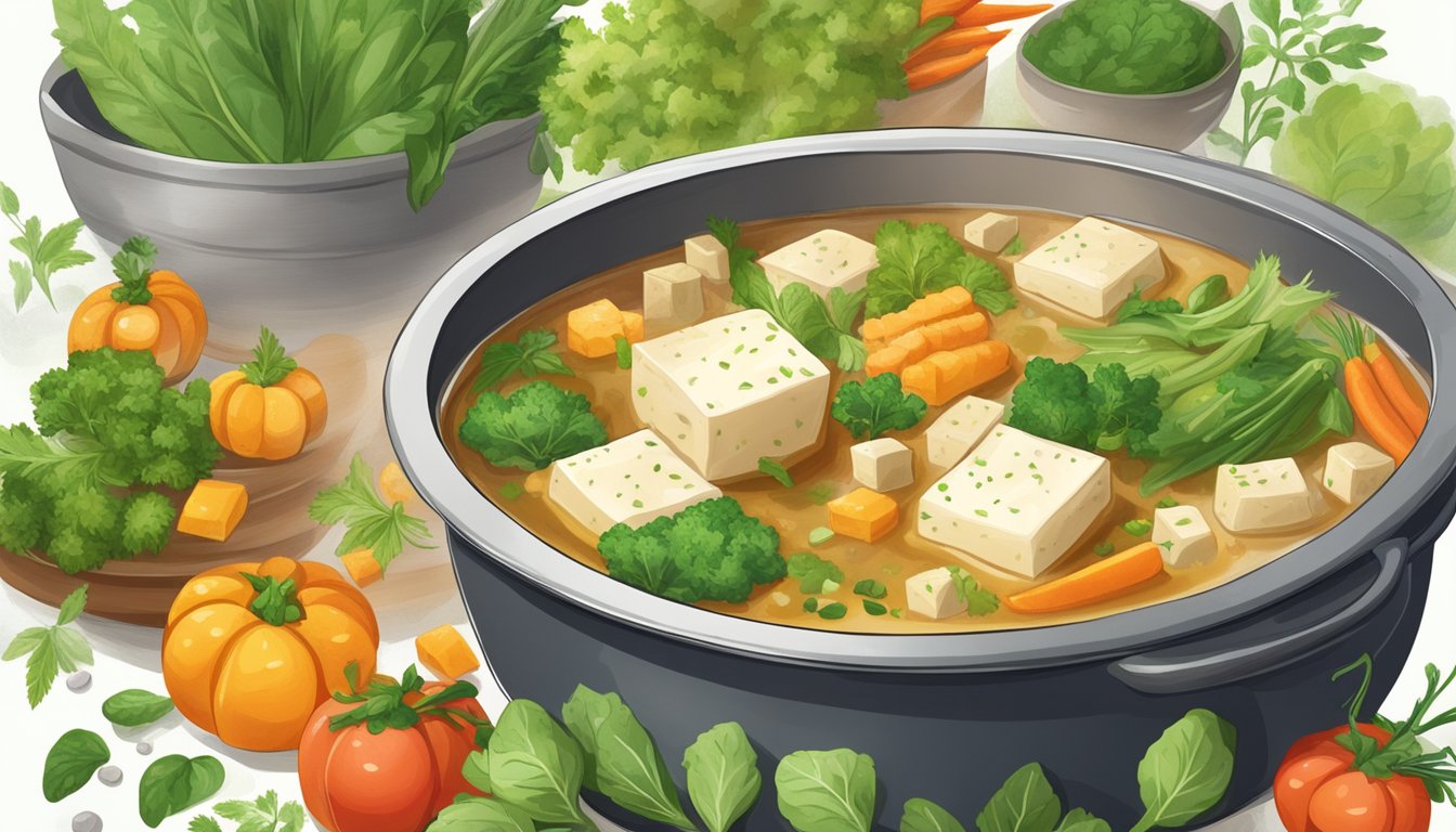 Tofu puffs floating in a bubbling pot of savory broth, surrounded by vibrant vegetables and aromatic herbs