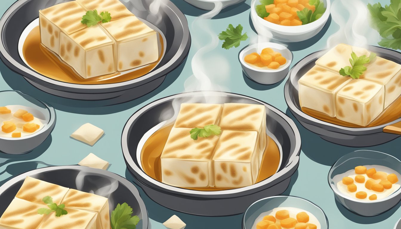 Tofu puffs being gently folded into a bubbling, fragrant sauce, creating a light and airy texture