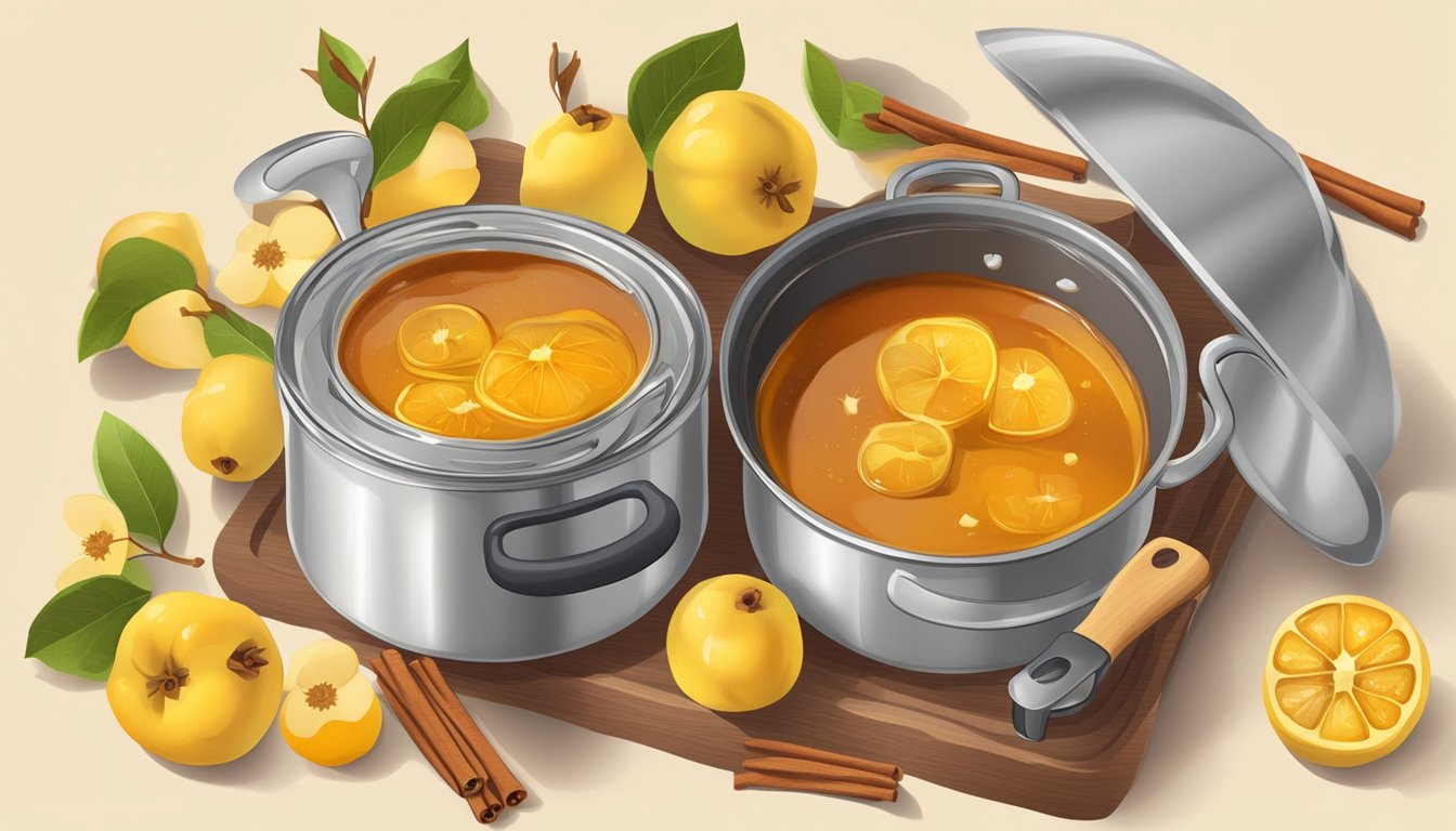 A pot simmering on a stove with quince paste melting into a golden syrup, surrounded by fresh quince fruit and cinnamon sticks