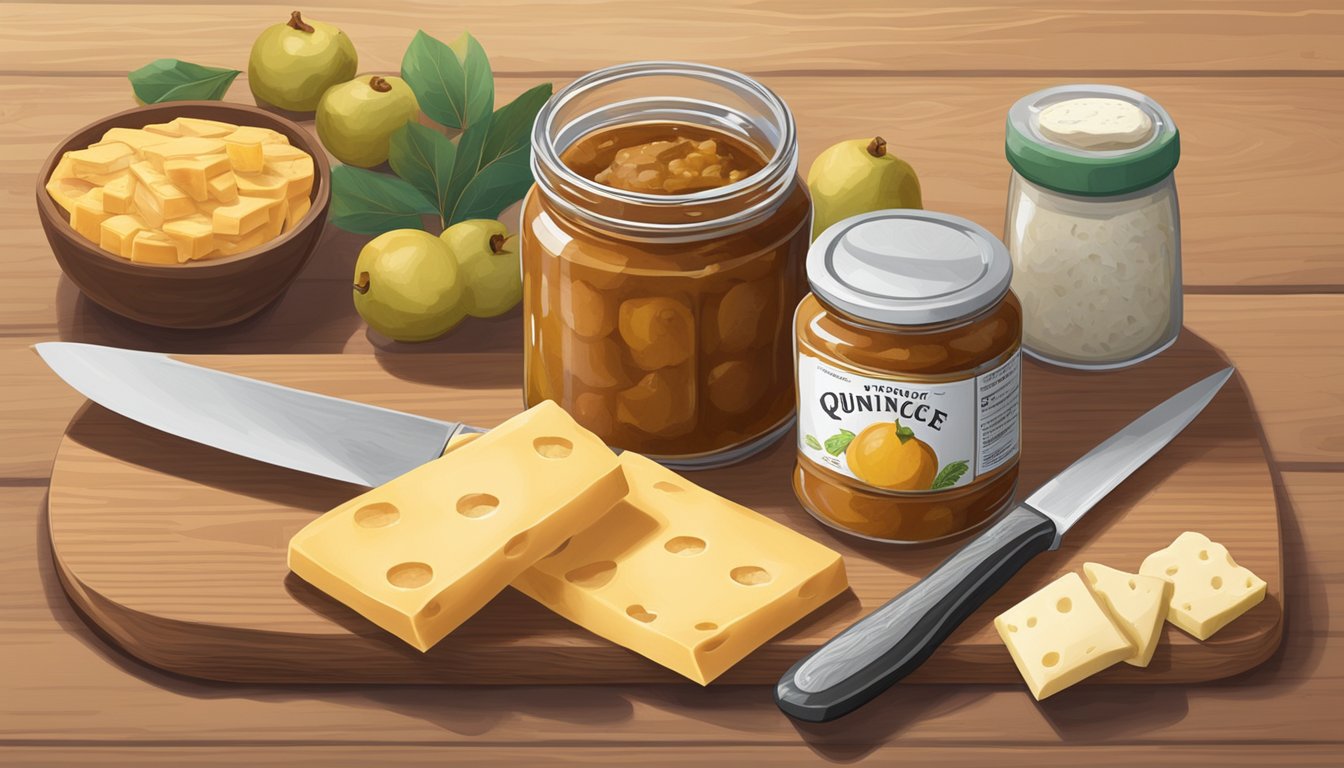 A jar of quince paste sits on a wooden cutting board next to a knife and a spread of cheese and crackers