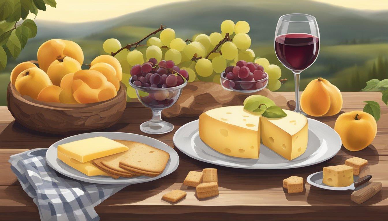 A rustic wooden table with a spread of cheese, crackers, and quince paste, accompanied by fresh fruit and a glass of wine