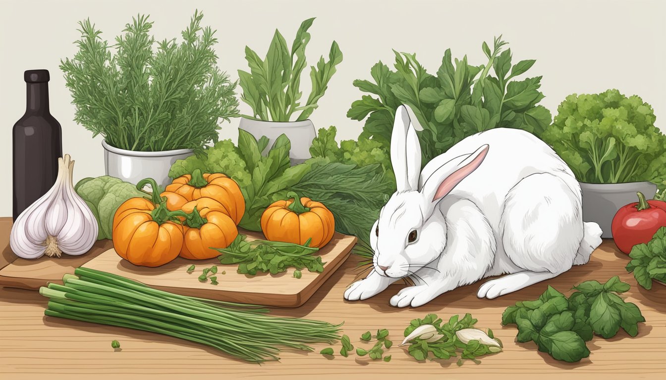 Fresh herbs, garlic, and vegetables surround a cutting board with a whole rabbit being prepared for cooking