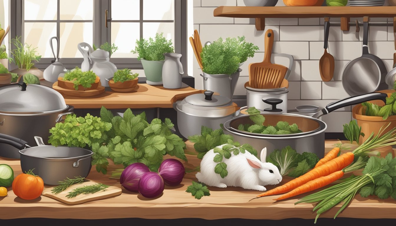 A rustic kitchen with fresh herbs, vegetables, and a whole rabbit laid out on a wooden cutting board, surrounded by various pots and pans