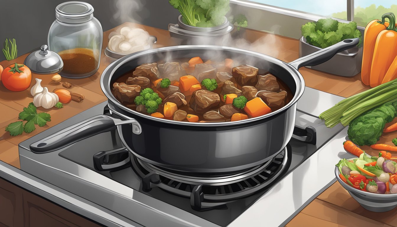 A pot simmering on a stovetop, filled with oxtail, vegetables, and aromatic spices. Steam rises as the rich stew cooks, creating a mouthwatering aroma