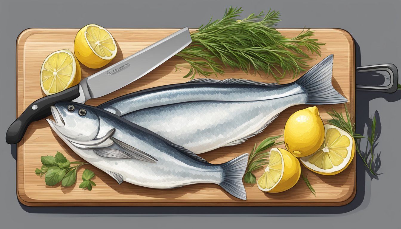 A cutting board with fresh haddock fillets, a knife, lemon, herbs, and a skillet on a stovetop