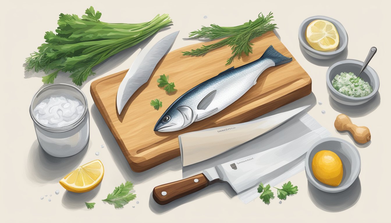 A kitchen counter with a cutting board, knife, and fresh haddock. A cookbook open to a recipe page and various ingredients nearby