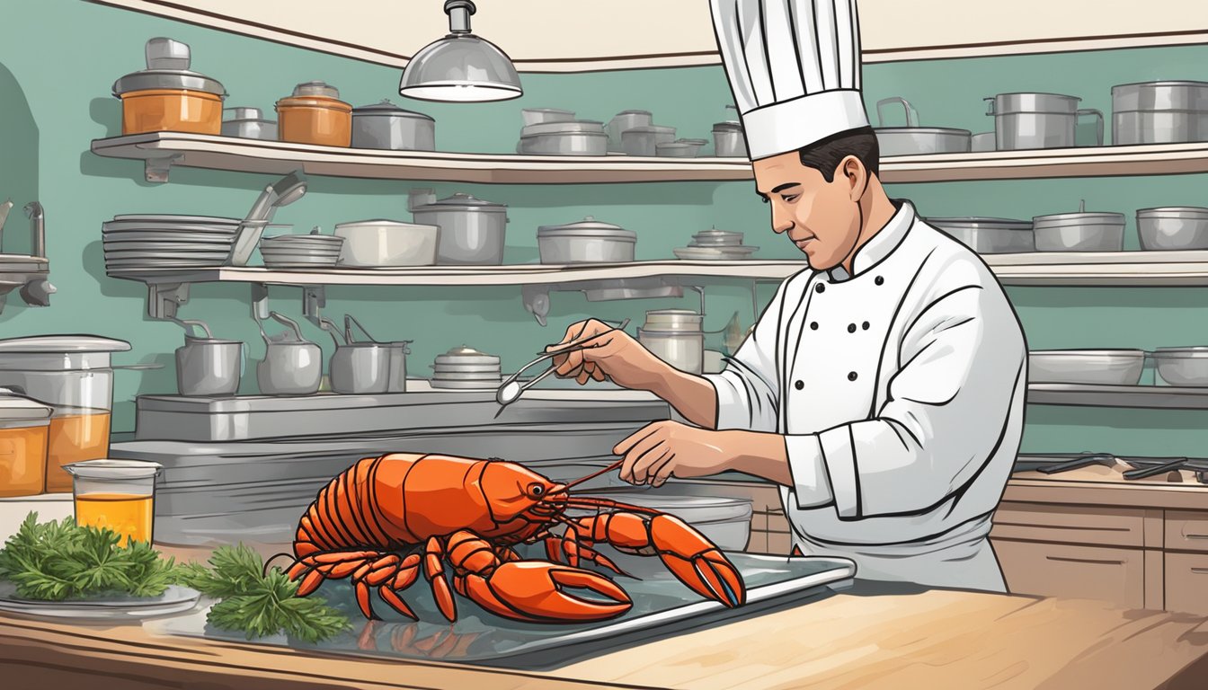 A chef carefully selects a live lobster from a tank, holding it up to examine its size and color. Cooking utensils and ingredients are laid out on the kitchen counter