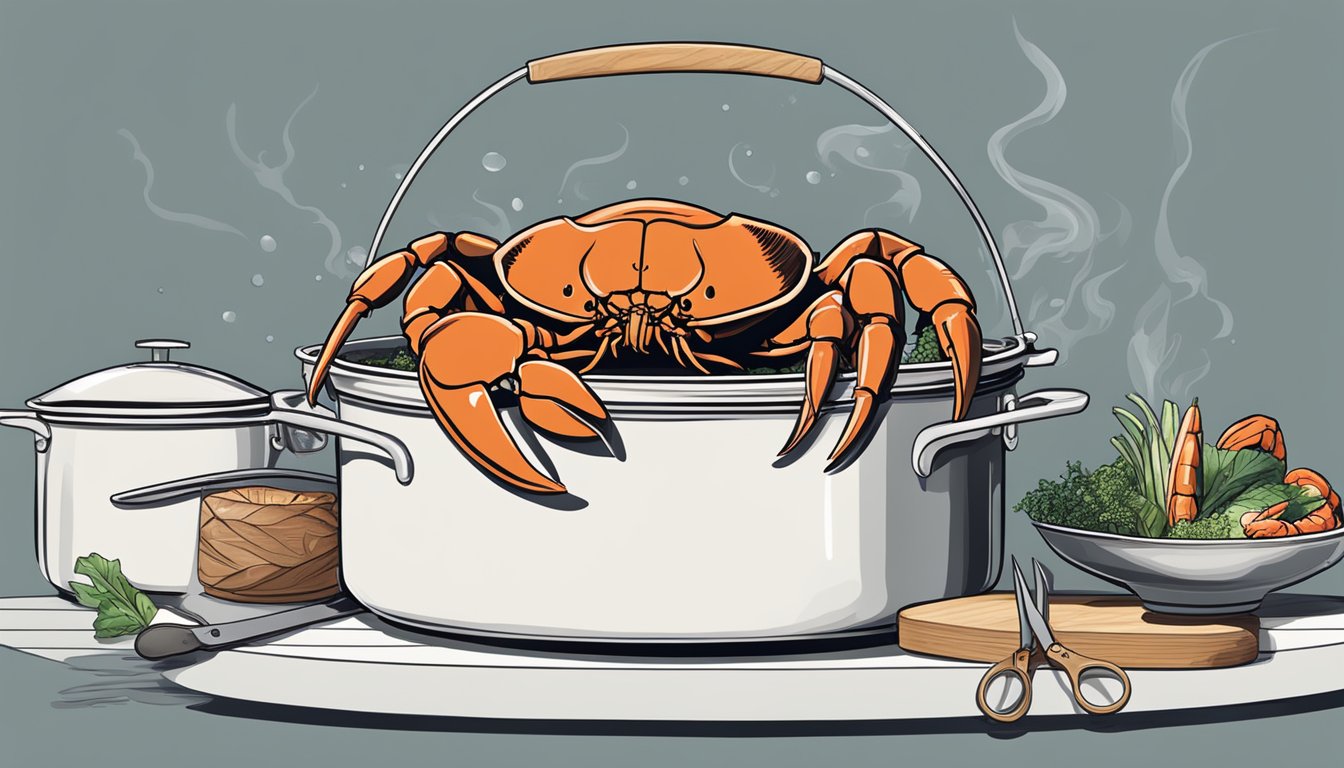 A large pot of boiling water with a steamer basket inside, tongs, a cutting board, a chef's knife, and a live lobster