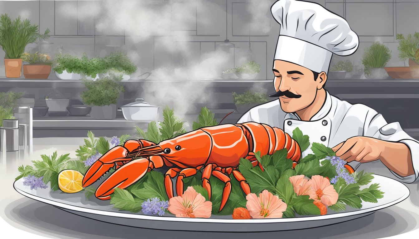 A chef expertly garnishes a lobster dish with fresh herbs and delicate edible flowers for a special occasion