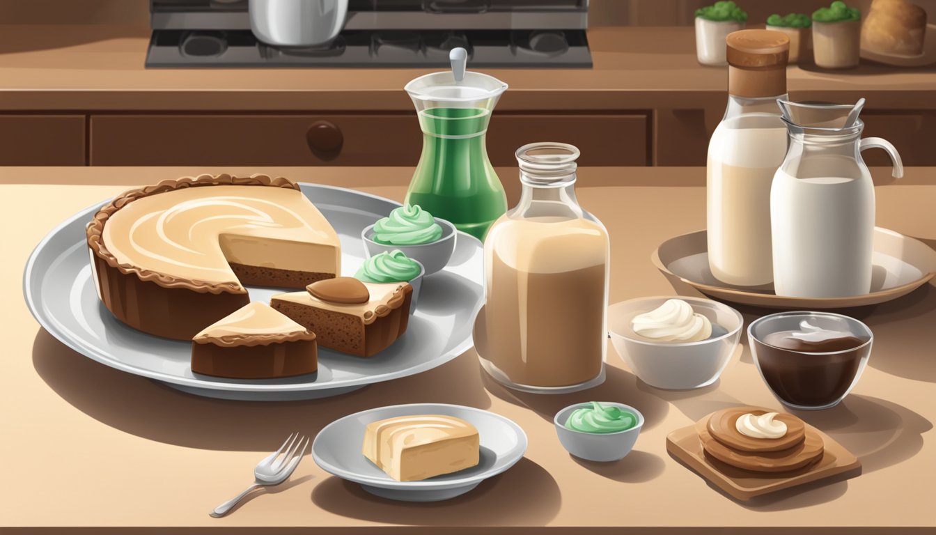 A kitchen counter with a bottle of Irish cream, assorted baking ingredients, and a mixing bowl, with a finished decadent dessert on a plate