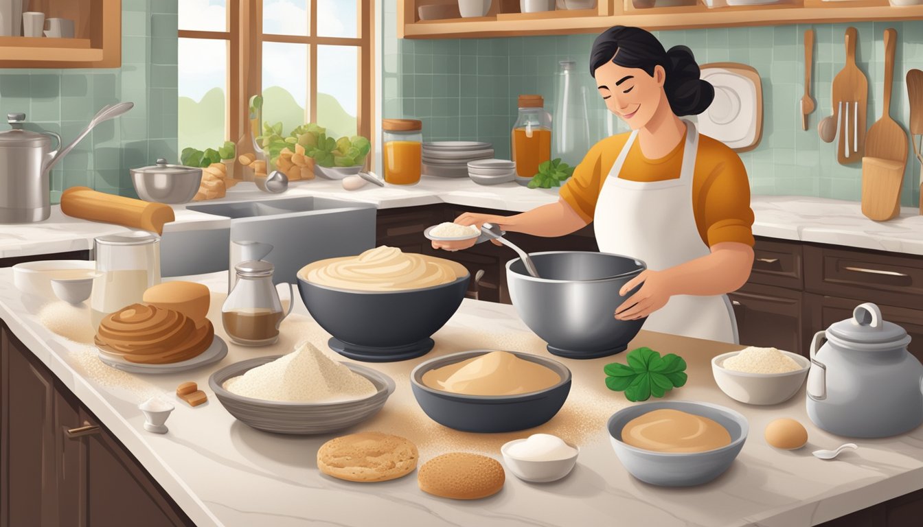 A cozy kitchen with a marble countertop, where a chef is pouring Irish cream into a mixing bowl surrounded by various baking ingredients and utensils