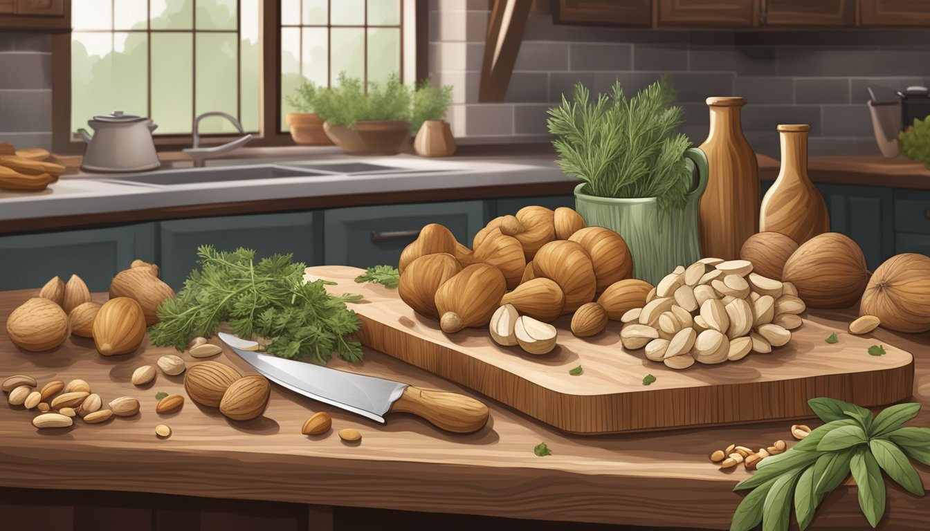 A rustic kitchen with a wooden cutting board, a pile of sunchokes, a chef's knife, and assorted nuts and herbs