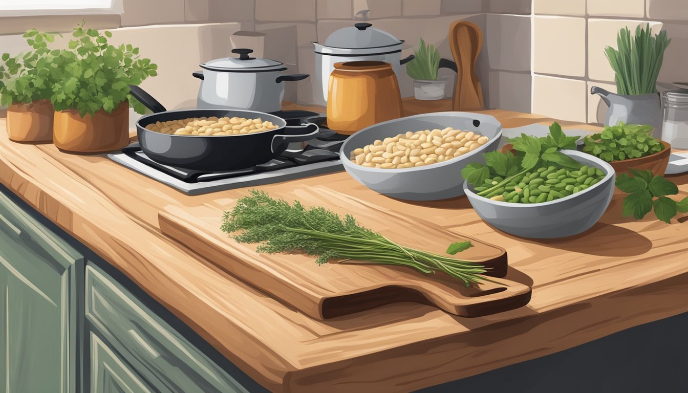 A rustic kitchen with a wooden cutting board, a pot of simmering cannellini beans, fresh herbs, and Italian cookbooks on the counter