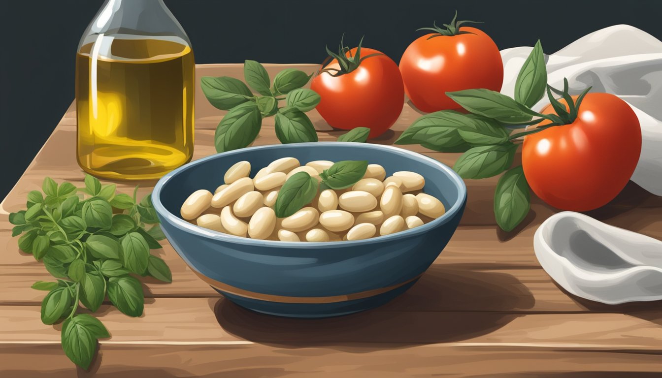 A rustic kitchen table with a bowl of cannellini beans, fresh herbs, tomatoes, and a bottle of olive oil