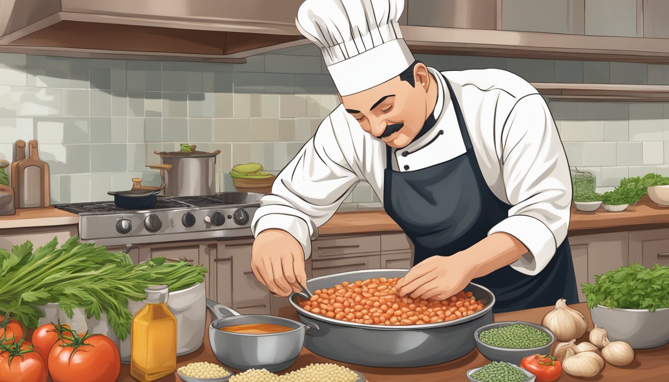 A chef adds cannellini beans to a pot of simmering tomato sauce, surrounded by garlic, onion, and herbs. A bowl of pasta sits nearby