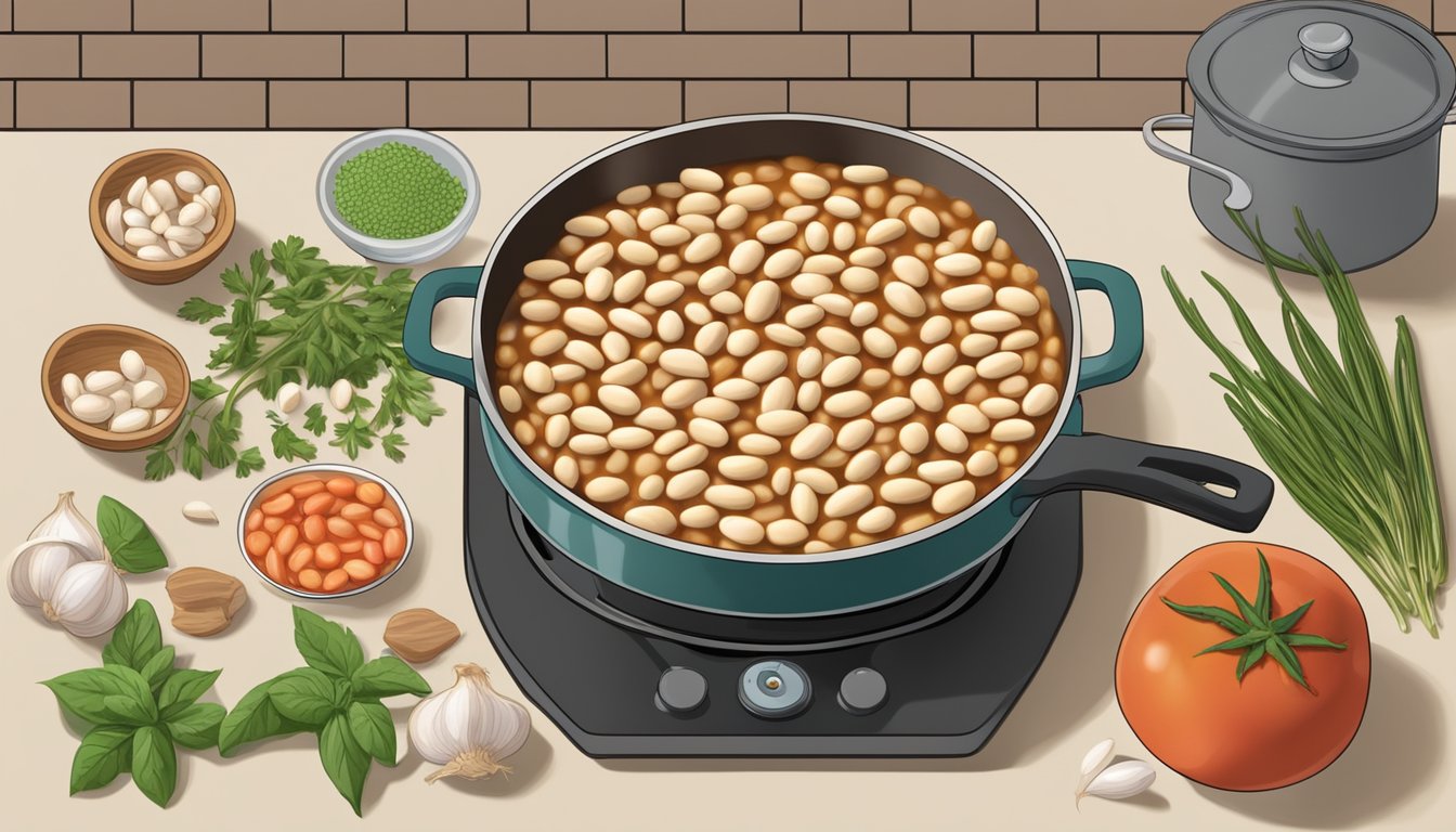 A pot of cannellini beans simmering on a stove, surrounded by ingredients like garlic, tomatoes, and herbs. A bowl of cooked beans sits nearby